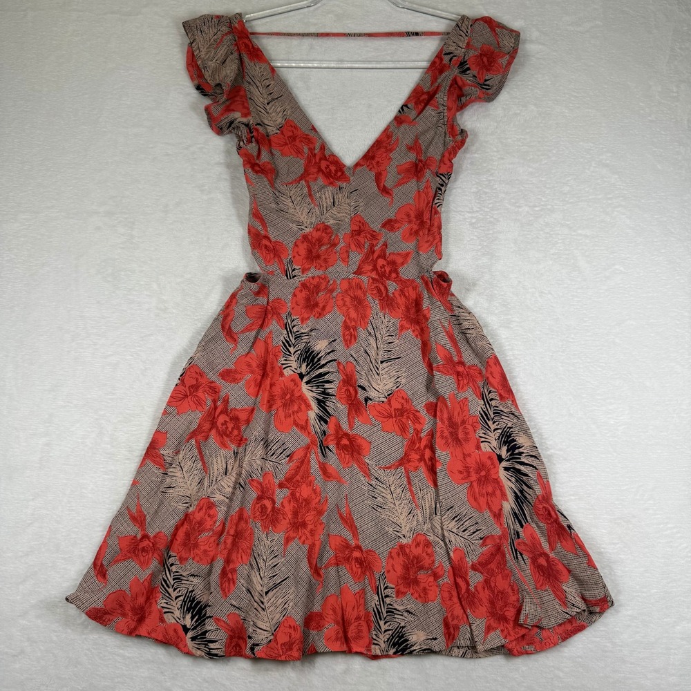 For Love & Lemons Red Floral Tropical Mini Dress V-Neck‎ Cutout Open Back Large